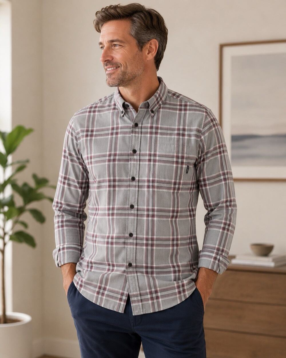 Columbia Plaid Shirt Men’s Large Gray Cotton Long Sleeve Casual Outdoor Hiking L